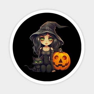 Halloween Witch Black Cat and Pumpkins Magnet